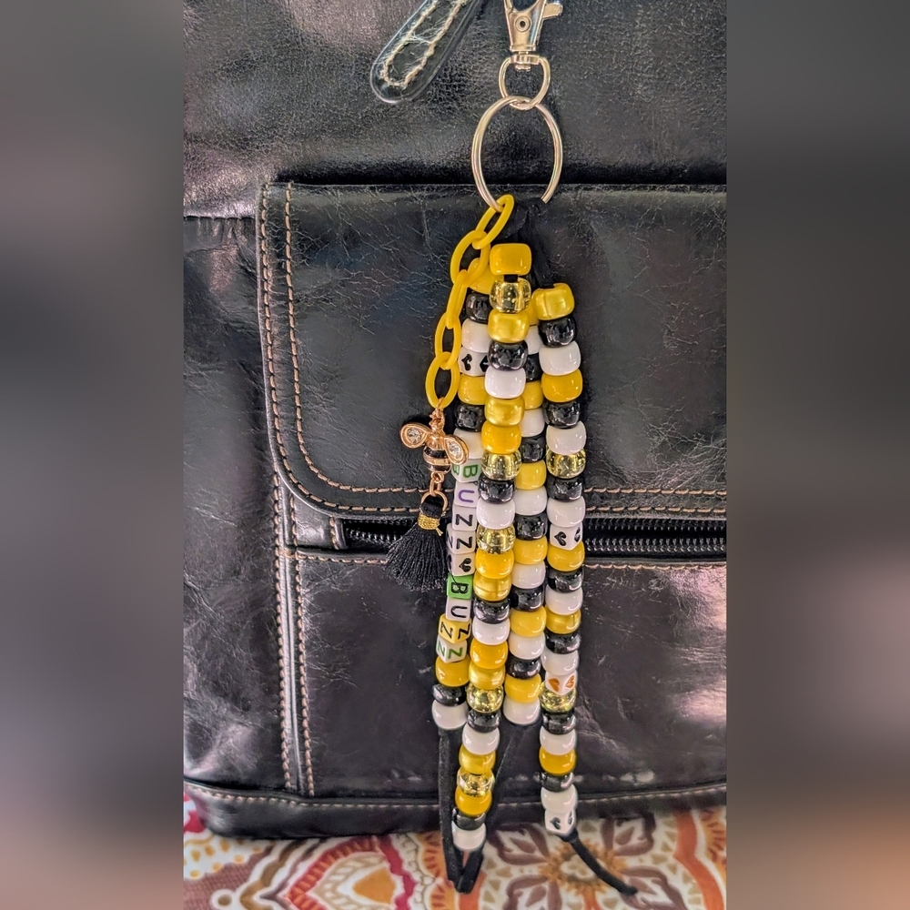 Yellow and Black Beaded Keychain Bag Charm with Bee Charm